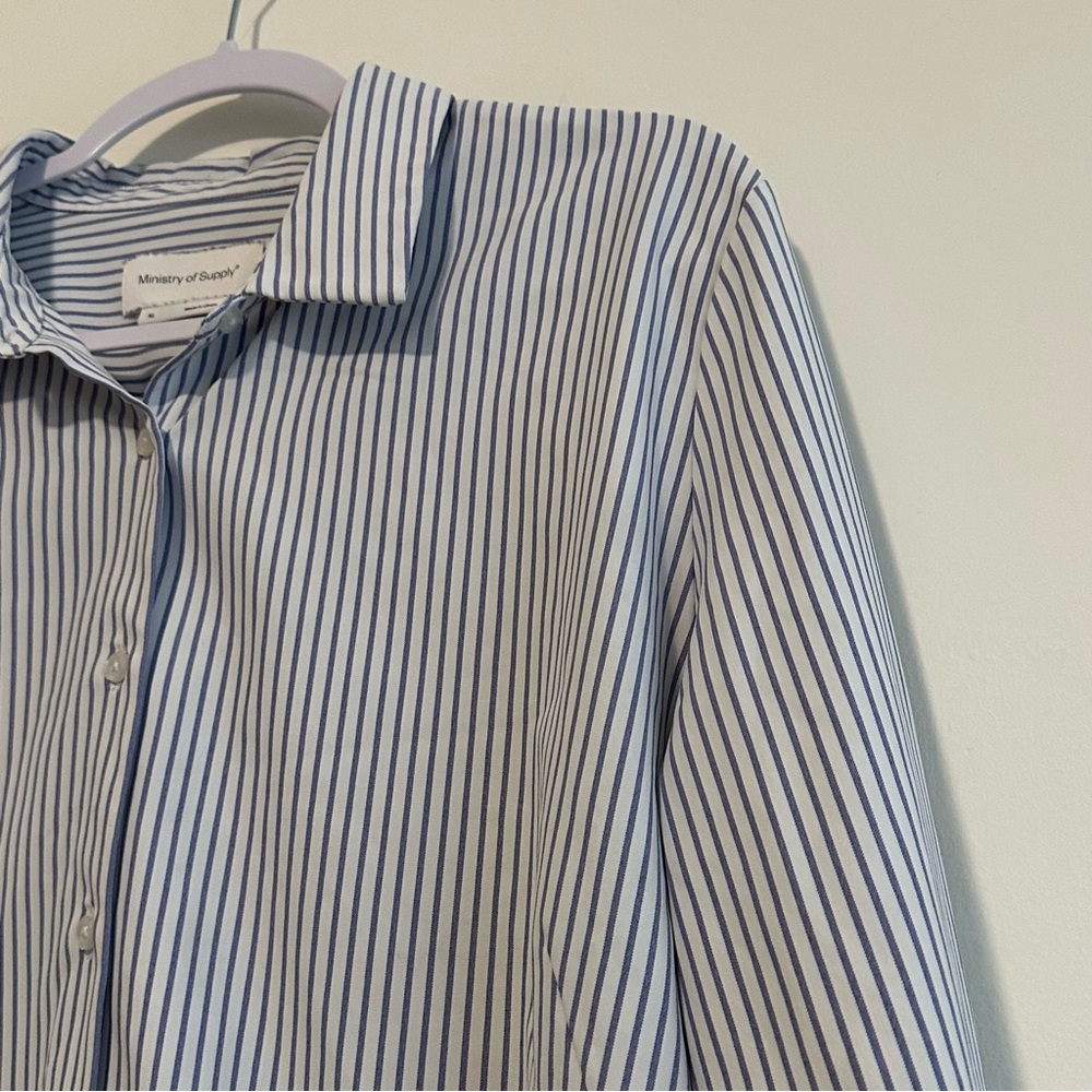 Ministry of Supply Women's White and Blue Striped Button-Down Shirt - Picture 9 of 12